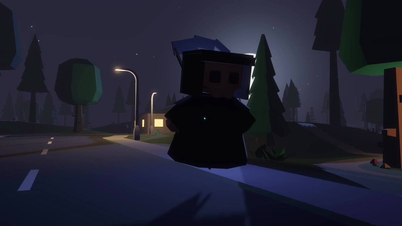 The hooded reaper in a moonlit town street at night, a streetlamp and a lit window behind.
