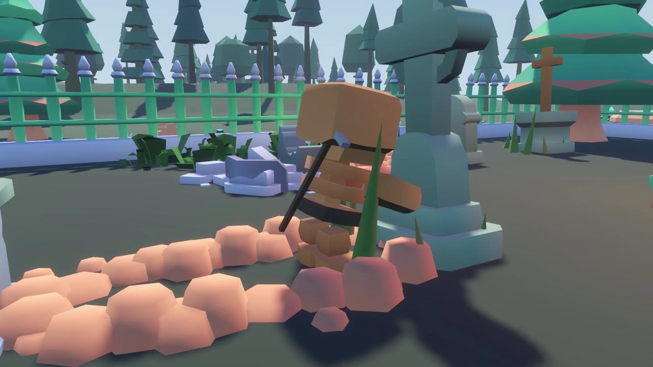 A skeleton hired hand at work among the graves in the yard.