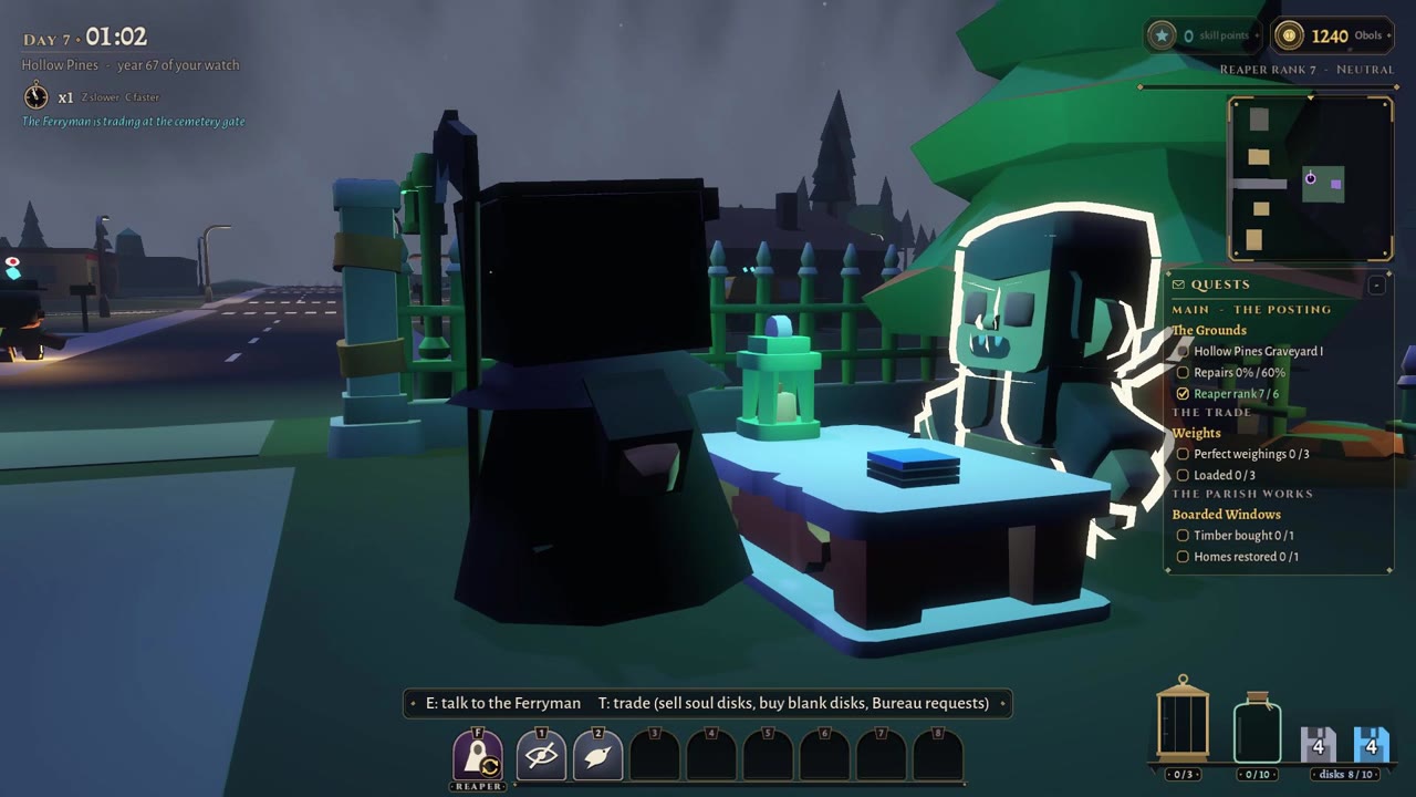 The Ferryman at his counter by the cemetery gate, where loaded soul disks are sold.